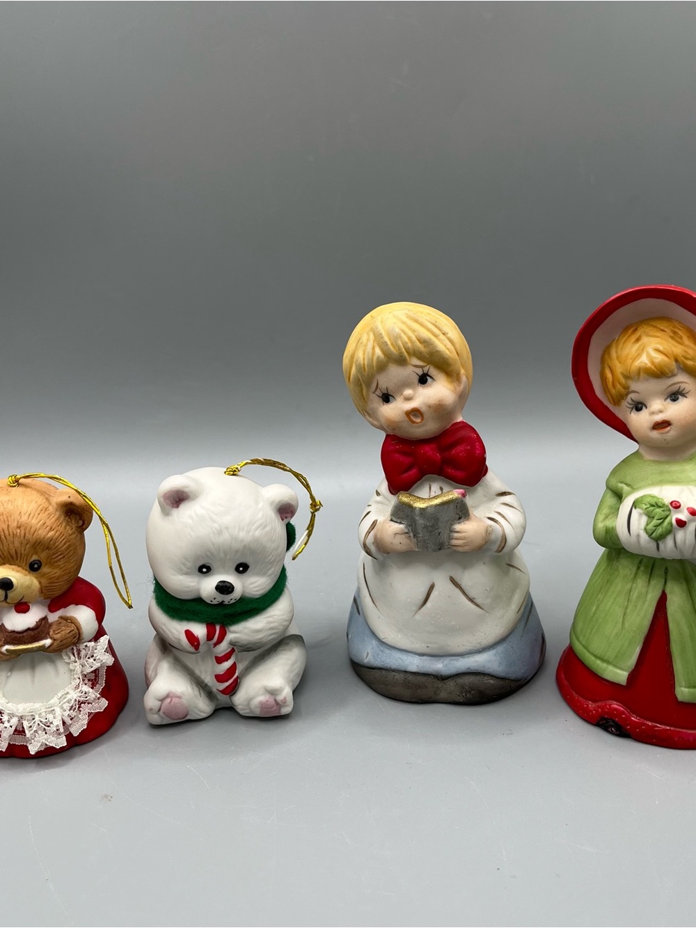 Lot Of 4 Christmas Bells Girl Boy And Bears Taiwan